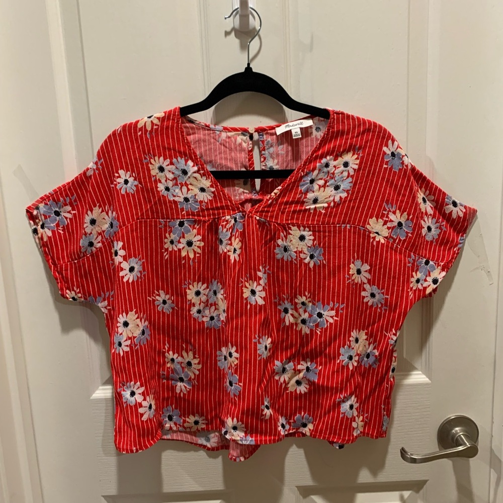 Madewell Red Floral Striped Button-Back Top